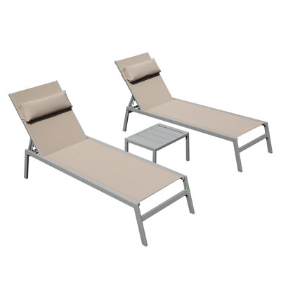 3 Patio Chaise Lounge - Aluminum Poolside Chairs With Side Table In Khaki. Maximum Comfort . Rust- Frame. 5 Adjustable Reclining Options & . Space Saving. Complete 2 Chairs, Table, Hardware And