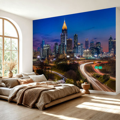 Wall Mural Peel and Stick Wallpaper Atlanta Georgia Skyline street building road night Self-Adhesive Removable Contact Paper Wall Decor for Living Room Bedroom 69"H x 96"W