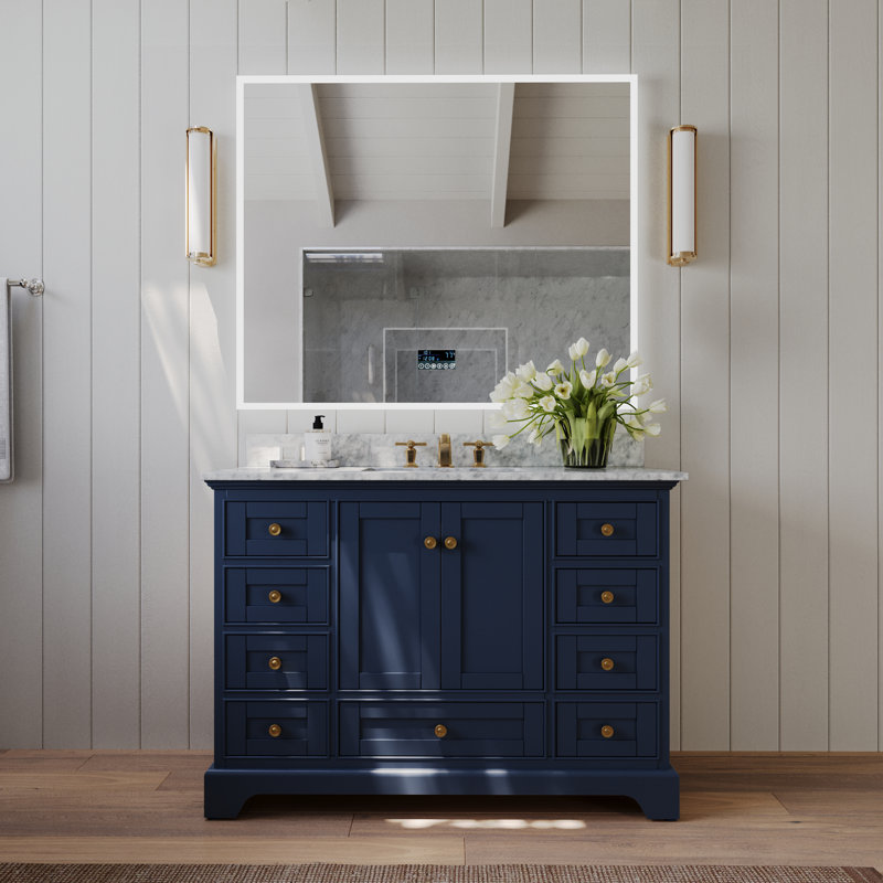 Ensemble de meuble-lavabo simple 48 po Varna, Bleu héritage / or brossé, Marbre blanc de Carrare