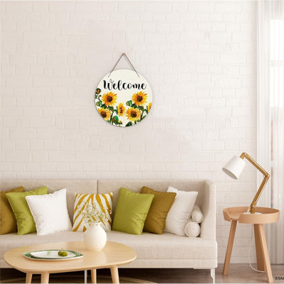 Signe de tournesol pour porte d'entrée - Décoration murale ronde en bois rustique pour la maison de campagne, le porche et le salon