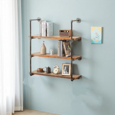 Tablette industrielle avec tuyau en bois 35,7 po, tablette murale rustique à 3 niveaux, bibliothèque à support en métal, étagères de rangement bricolage