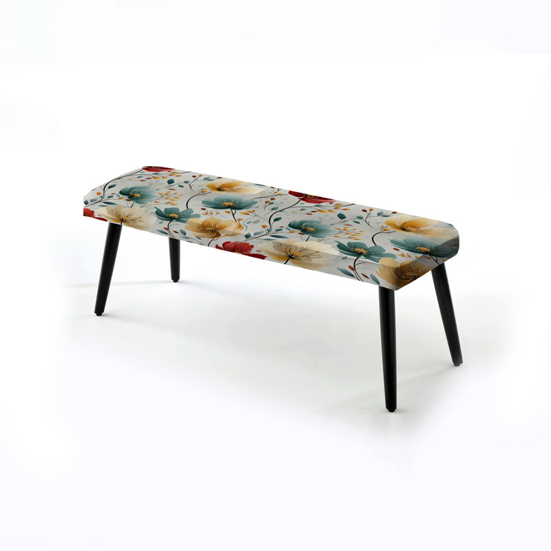 Banc rembourré éclectique noir, Motif floral multicolore minimaliste