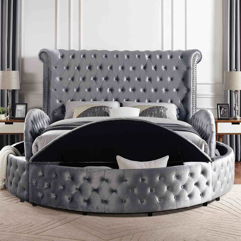 Round King Bed Featuring Gray Upholstery, Button - Headboard, And Storage In Rail With Design, Compartments, Crystal Like Acrylic Buttons