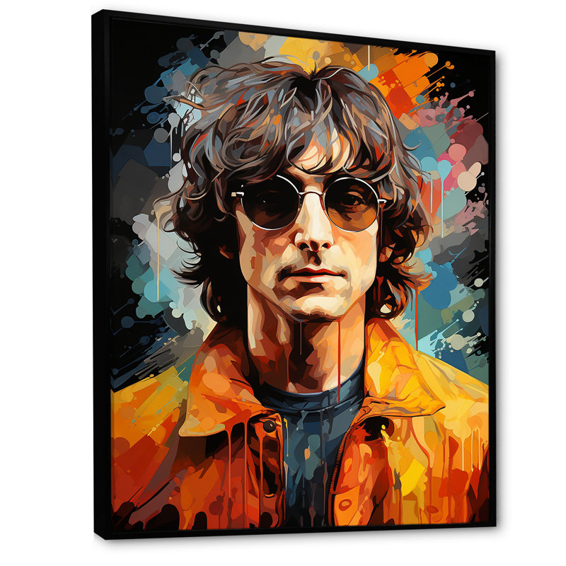Jaune Popart Lennon Portrait - Portrait Wall Art Living Room_105795, Cadre flottant noir, H 32 po x l 24 po x P 1 po