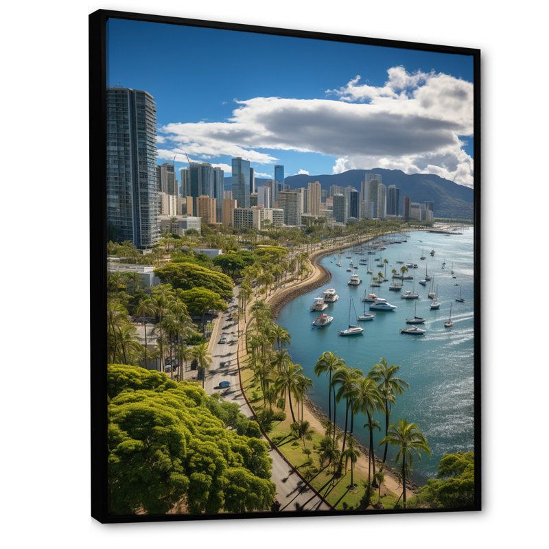 Vasbinder Honolulu Beautiful Cityscape Spot I, reproduction d'art sur toile, Cadre flottant noir, H 20 po x l 12 po x P 1 po