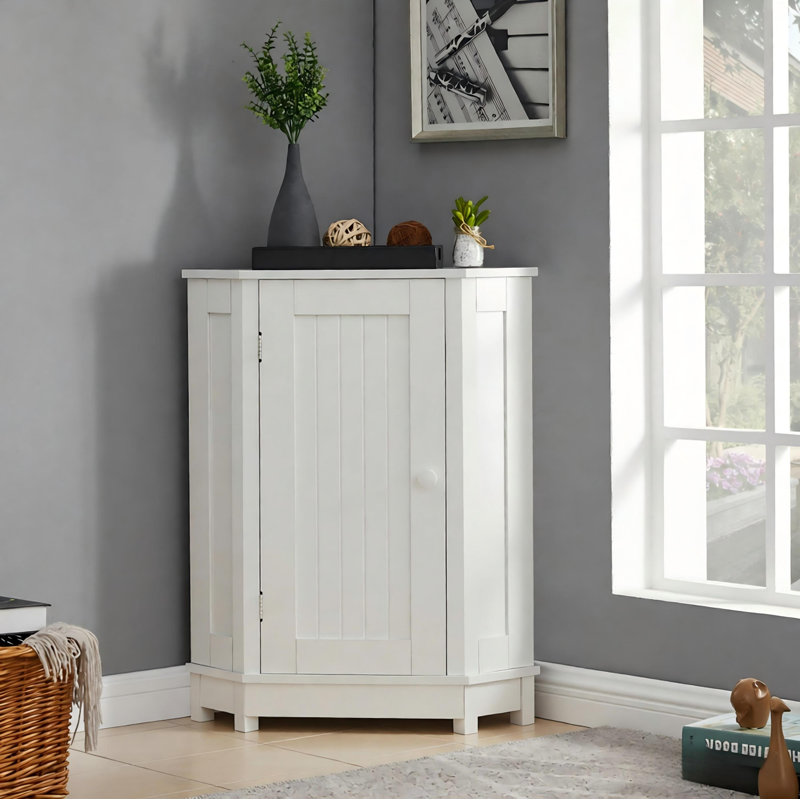 White Bathroom Cabinet Triangle Corner Storage Cabinet With Adjustable Shelf Modern Style Mdf Board, White