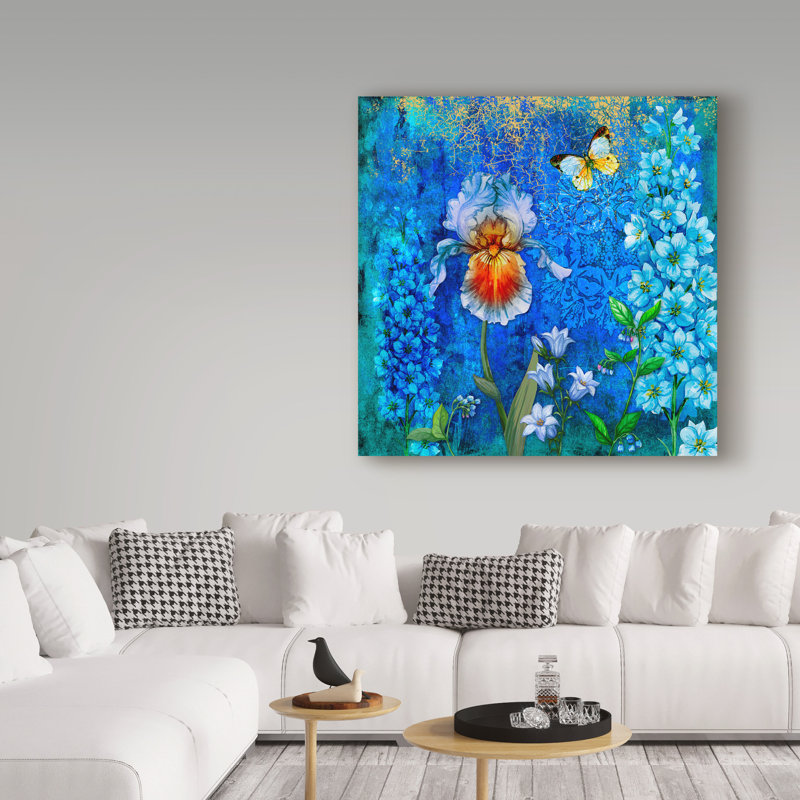 «Delphinium and Iris», impression sur toile tendue, H 14 po x l 14 po x P 2 po