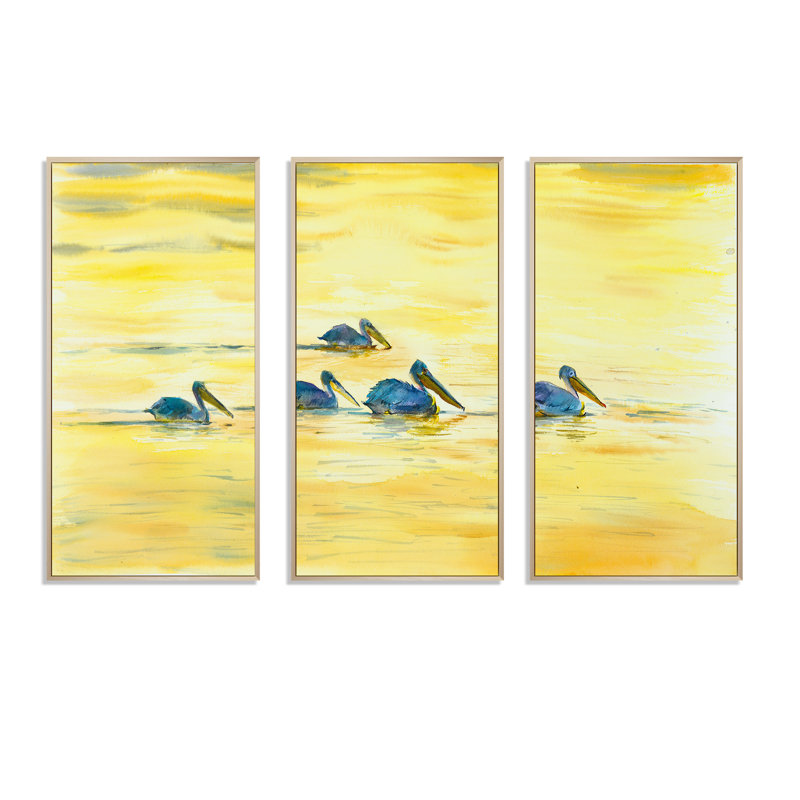 Pelicans on the Yellow River - 3 pièces, peinture sur toile à cadre flottant, H 32 po x l 48 po x P 1 po, Cadre brun