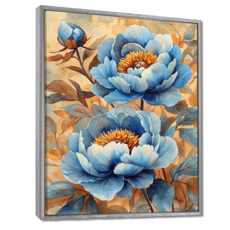Pivoines bleues dans la basse-cour IV - pivoines, art mural, H 32 po x l 24 po, Reproduction avec cadre flottant