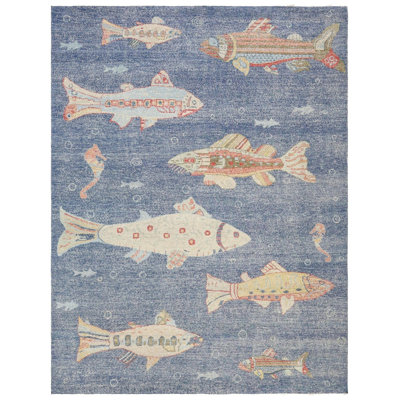 Tapis unique bleu rectangulaire de 9 pi 4 po x 11 pi 11 po Rajasthan