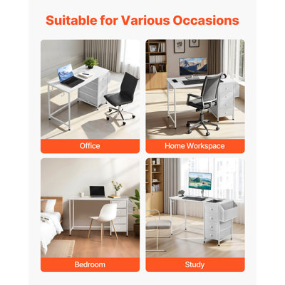 Computer Desk with Fabric Drawers, 47 Inch Reversible Study Work Writing Desk for Modern Home Office Bedroom, Simple Modern Cute PC Table Metal Frame Business Furniture, White