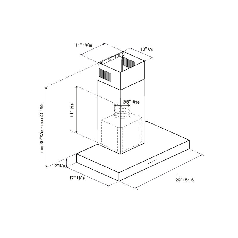 Bertazzoni T-Shape Wall-Mounted 600CFM Hood, Stainless Steel, 42.75" H x 29.94" W x 17.69" D