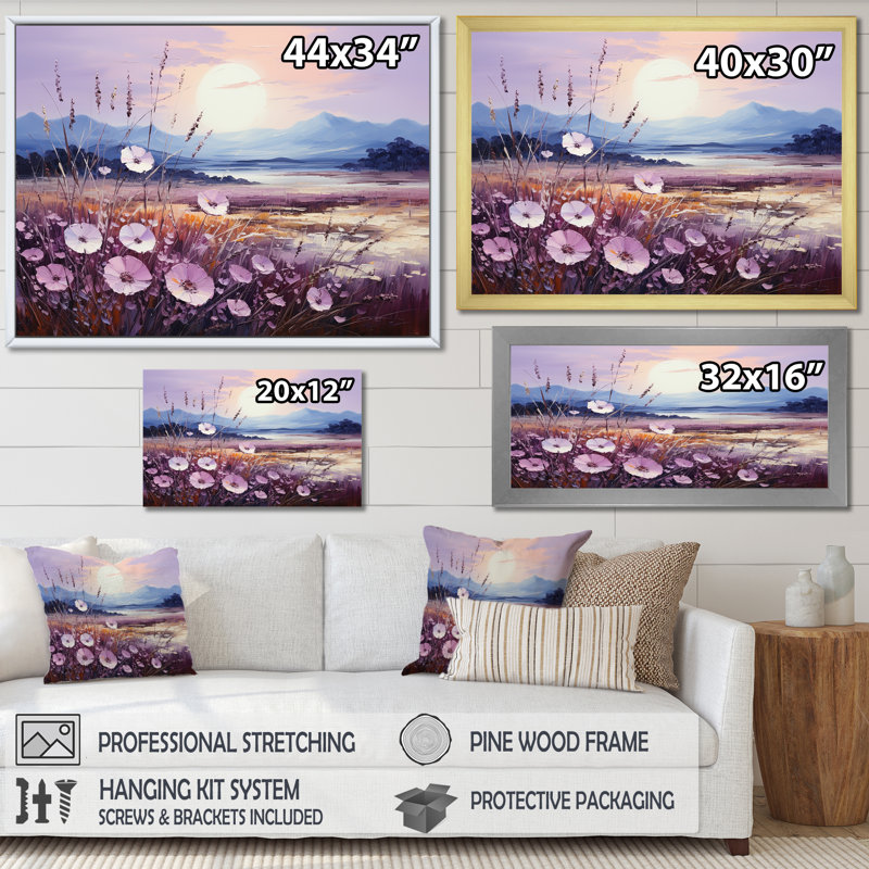 Harmonious Violet Flowers Field I sur toile, Cadre simple noir, H 30 po x l 40 po x P 0,5 po