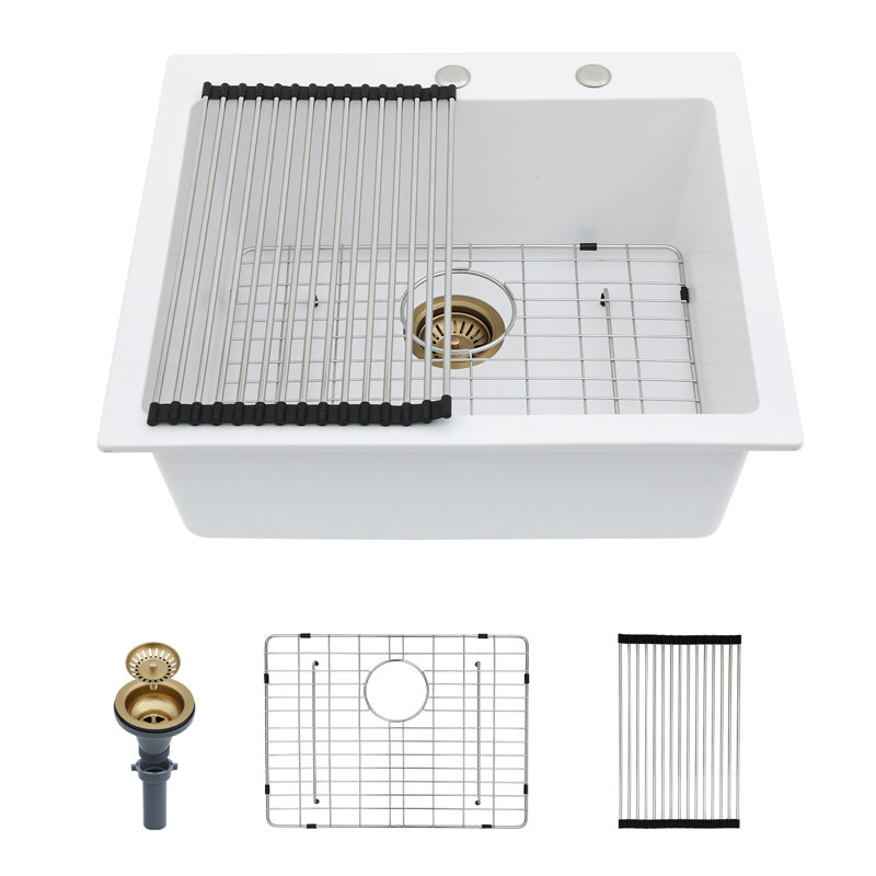 25" L x 22" W Granite Composite Kitchen Sink Single Bowl Quartz Drop-in Kitchen Sink, White