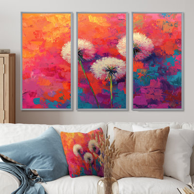 Neon Dandelion Burst in Bright Neon Pop Art II - Art mural pissenlit - ensemble de 3