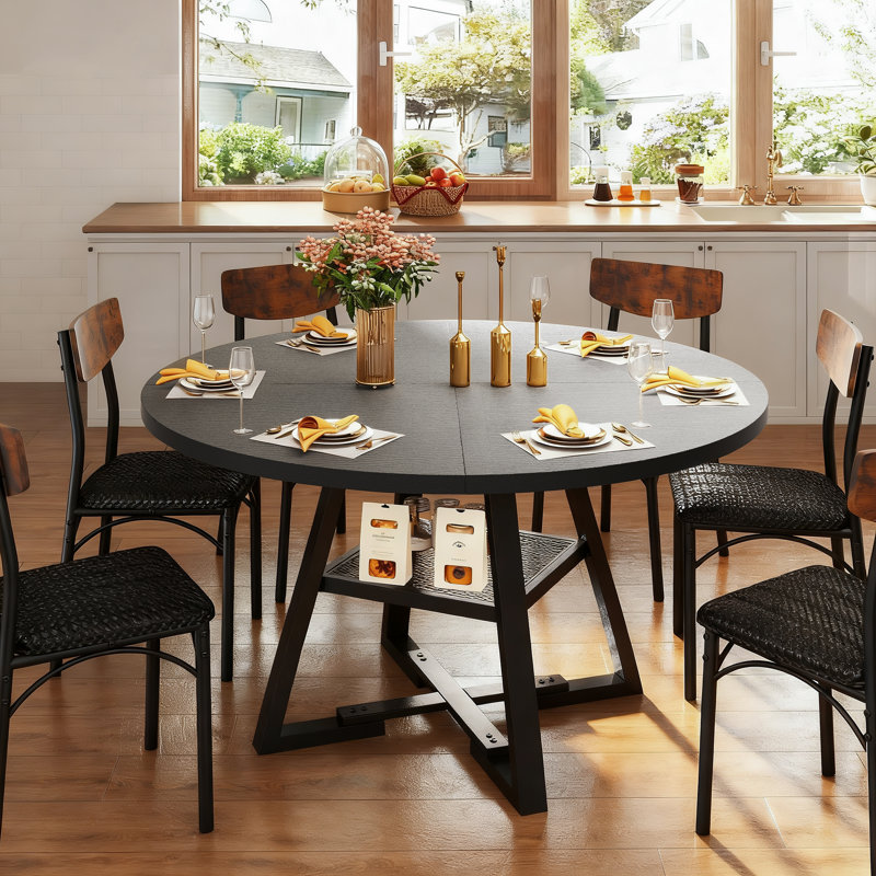 Round Dining Table Farmhouse Kitchen Table,Space Saving Dinner Table For Kitchen & Dining Room, Black