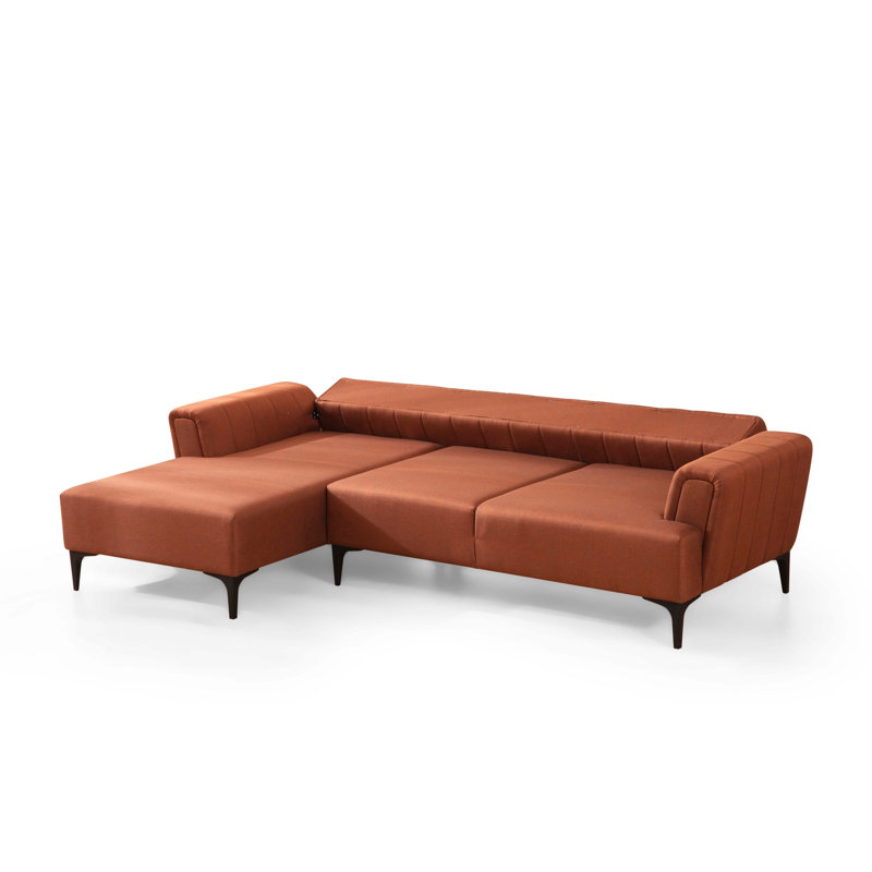 Élégant canapé-lit d'angle, rouge carrelé, 55,1 po x 106,3 po x 30,3 po | Tissu 100% polyester, bois de hêtre et structure en carton gris | Mécanisme de dossier tournant pour faciliter la conversion | Coussins en mousse souple, parfaits pour les salons