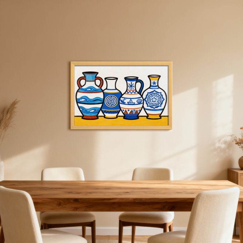 Vases colorés avec des motifs bleus et blancs, H 16 po x l 24 po, Toile tendue, Ne s’applique pas