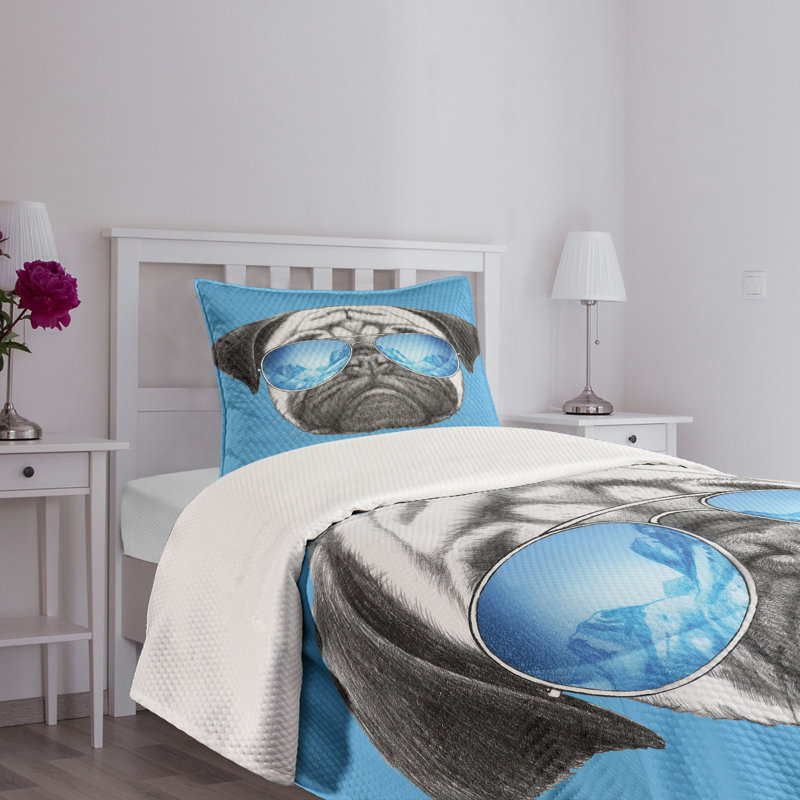 Twin White Quilted Bedspread Set with Pug Design
