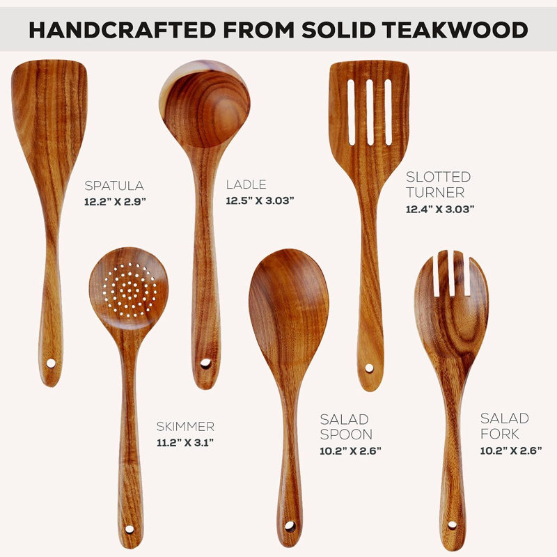 Très grand ensemble de cuillères en bois de teck 6 pièces Zulay Kitchen, ustensiles de cuisine antiadhésifs avec prise Comfort