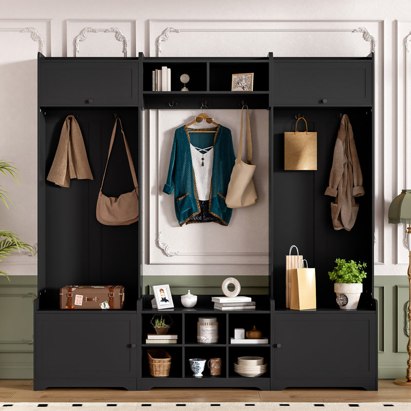 Vibe Haus 79.1''Wide Modern Hall Tree With Shoe Storage, Black