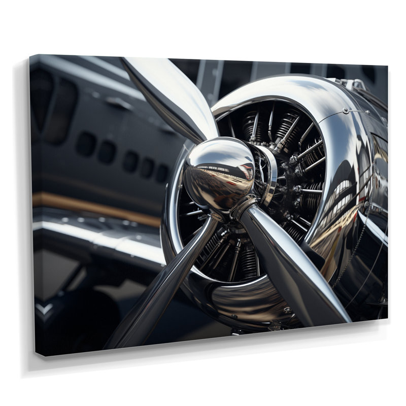 «Silver Wings Chrome Reflection Airliner» - art mural train, H 24 po x l 32 po x P 1 po, Toile tendue