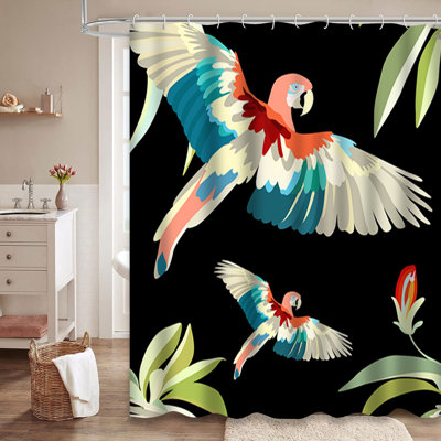 Watercolor Parrots Yellow Turquoise Tropical Shower Curtain with 12 Hooks