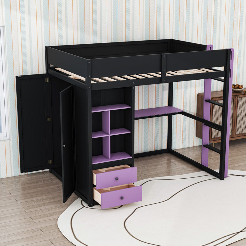 Lit mezzanine en bois à 2 tiroirs avec bureau, armoire, étagères, ports USB et éclairage DEL, Lit double, Mauve / noir