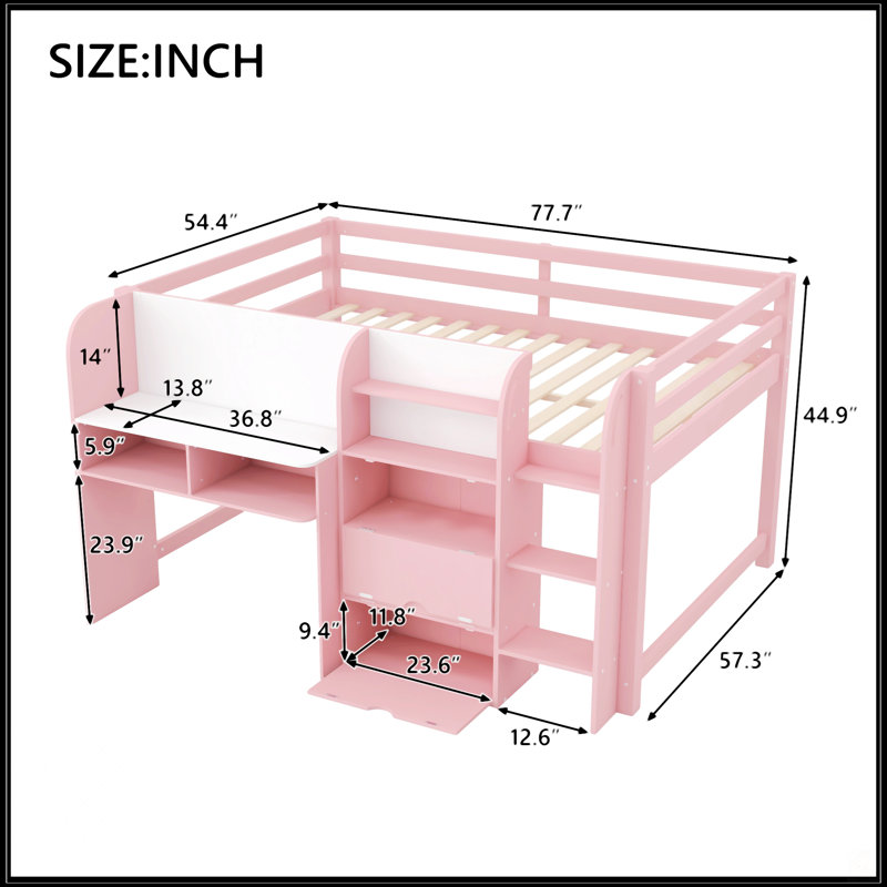 Lit mezzanine double pleine grandeur avec bureau intégré, Rose