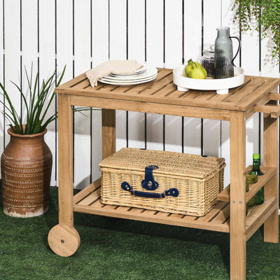 Outdoor Bar Cart, Wood Rolling Home Bar & Serving Cart with 2 Shelves, Wine Bottle Holders for Garden, Dining Room, Natural
