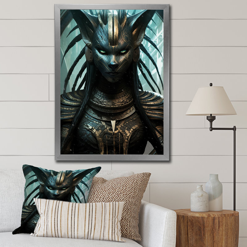 " Ancient Egyptian Cat Goddess Bastet ", 40'' H x 30'' W x 1.5" D, Silver Single Picture Framed