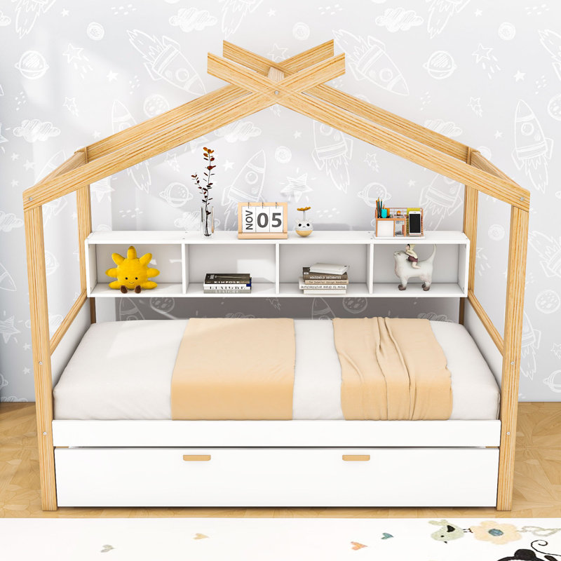 Lit en bois avec lit gigogne escamotable et rangement pour bibliothèque, Twin