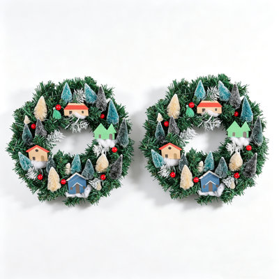 2 Pack Artificial Christmas Wreath With House Pine Tree Berries, 13.77-in Xmas Hanging Wreath Front Door Farmhouse Style Wall Decor