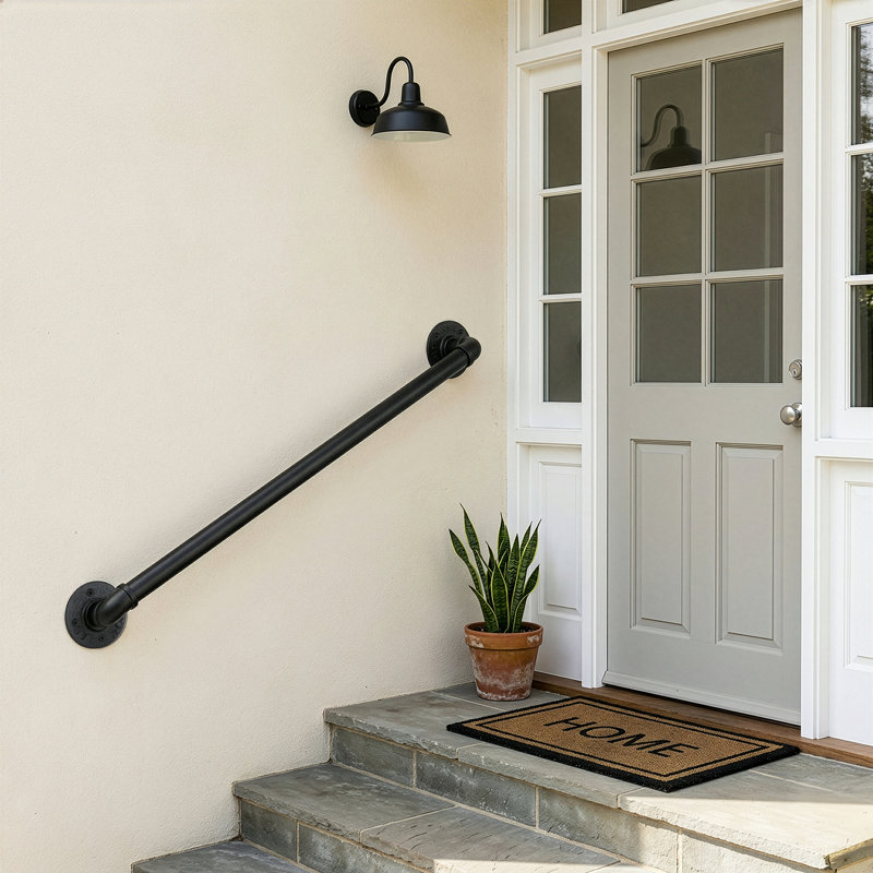 Black 3FT Outdoor Iron Stair Handrail,Wrought Iron Step Railing,Powder Coated Heavy Duty Safety Hand Rail for Courtyard,Porch & Deck Steps