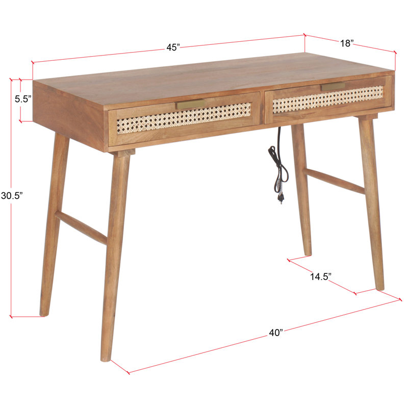Natural Acacia Wood Desk with Cane Drawers and Built-in Power Outlet