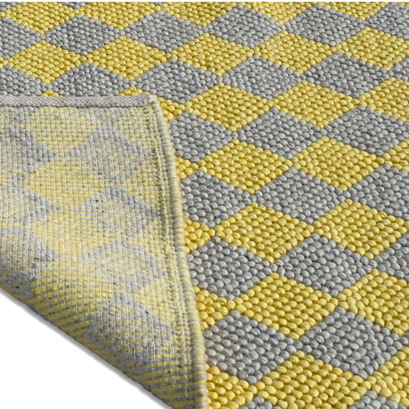 Bubble Argyle Loop Pile Weave Yellow & Grey Wool Area Rug By Tufty Home, Rectangle 2' x 3'