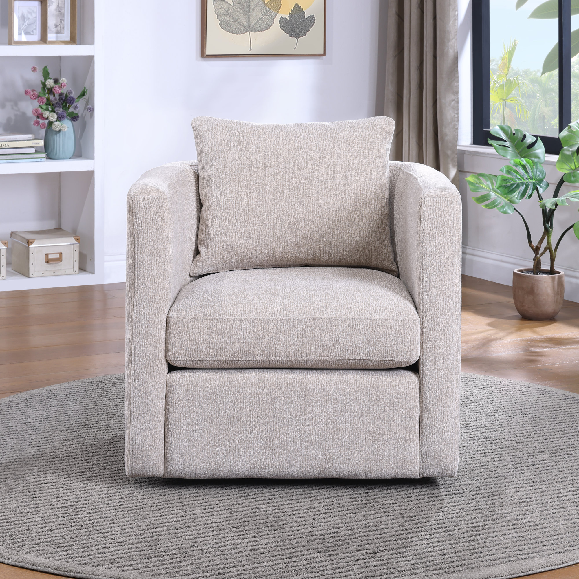 Fran Swivel Barrel Chair, Beige Polyester