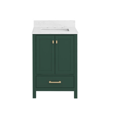 Meuble-lavabo de 24 po en bois massif vert avec lavabo intégré et tiroirs à fermeture en douceur