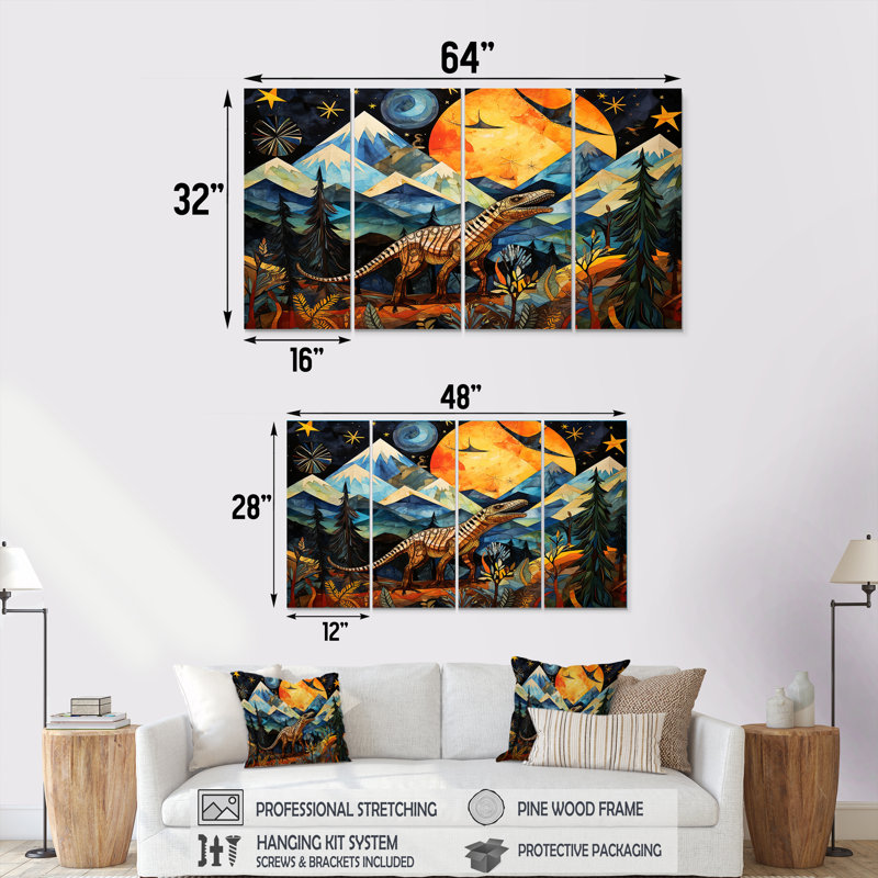 Ancienne légende des dinosaures II - dinosaure, art mural 4 pièces, H 28 po x l 48 po