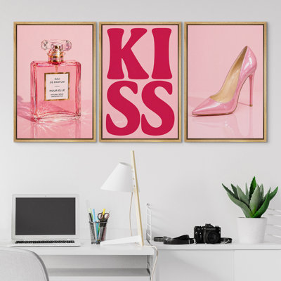Pink Perfume Bottle, Kiss Typography, and High Heel Fashion Decor, Wall Art Decor Framed On Canvas 3 Pieces Print