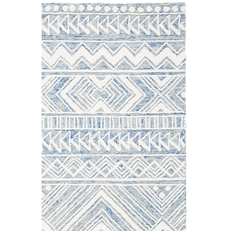 Kyndall Southwestern Handmade Tufted Wool Blue/Ivory Area Rug, Rectangle 8' x 10'