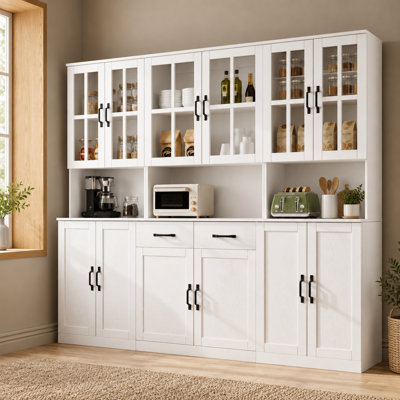  71" H X 78.7" W Kitchen Pantry With Bookcases, Glass Door Kitchen Hutch With Drawer And Spacious Countertops(AEA),White