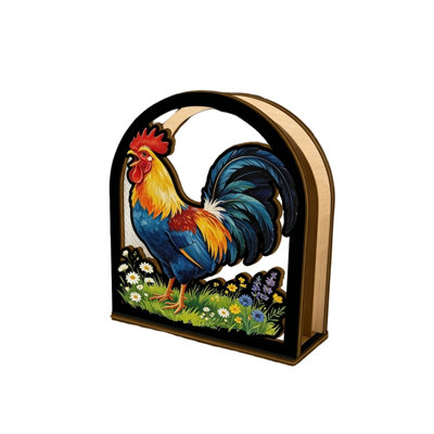 Wooden Napkin Stand with Colorful Rooster Print  Farm and Mixed Floral style Tabletop Paper Napkin Organizer