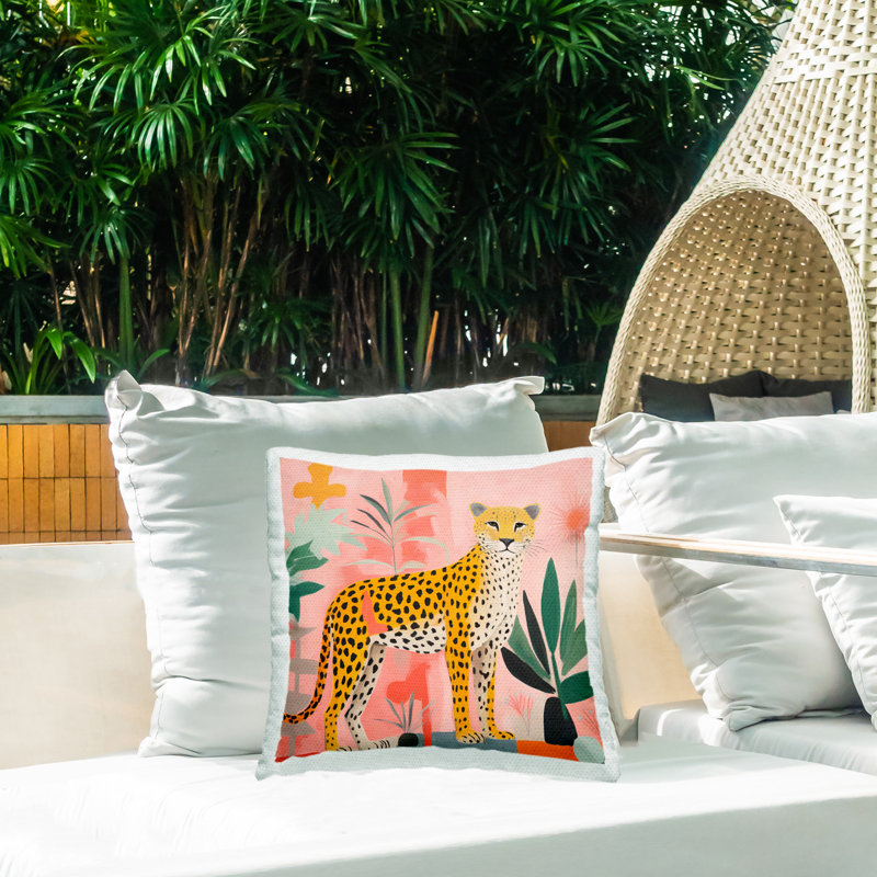 Coussin décoratif pour l'extérieur debout à imprimé léopard et plantes par Walker Noble