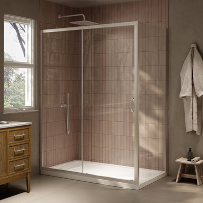 Ensemble de douche de coin droit en nickel satiné avec porte coulissante transparente et casserole L 60 po x l 32 po x H 75,59 po Breeze