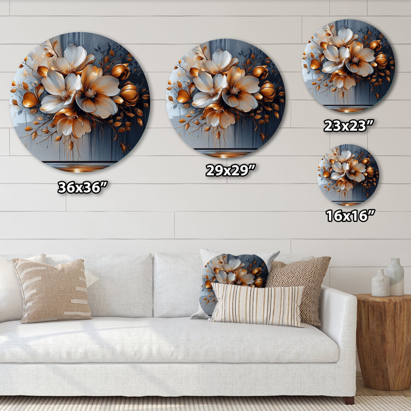 Fleur transitionnelle dorée abstraite II - art mural rond floral abstrait, H 16 po x l 16 po