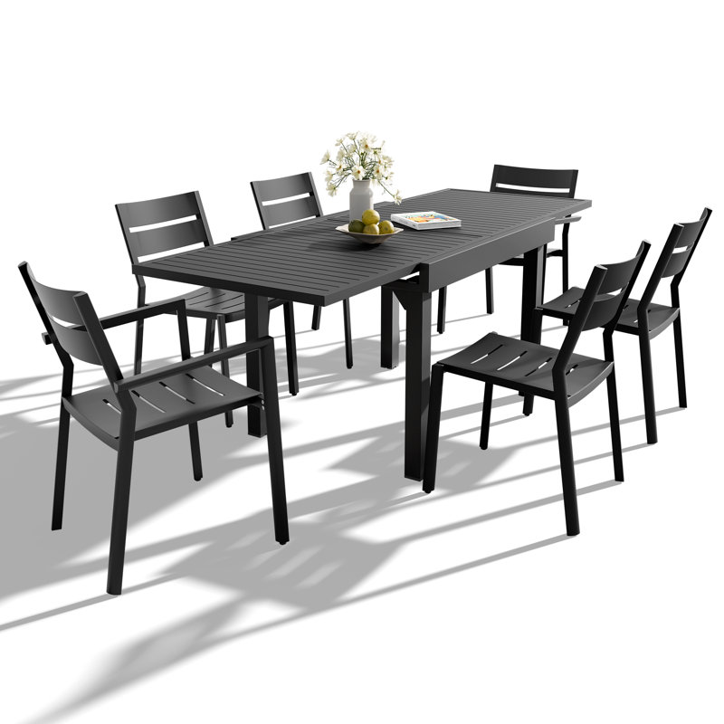 Ensemble repas d'extérieur rectangulaire en aluminium pour 6 personnes avec table extensible et chaises empilables Andelina