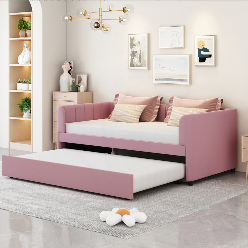 Lit de jour simple rembourré avec dossier ergonomique et lit gigogne, Rose