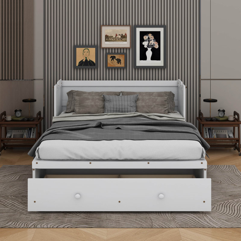Lit escamotable avec port USB et tiroir, Blanc, Grand
