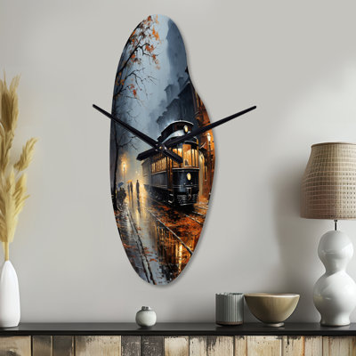 Burgun Train Misty Morning Pointillism I - Train Curved Metal Clock, Modern Asymmetrical Wall Clock Print